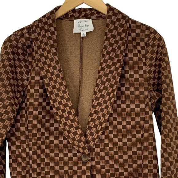 Juniors Women Hippie Rose Knit Check blazer Sz M Brown One Button 3700 washable - Picture 4 of 9